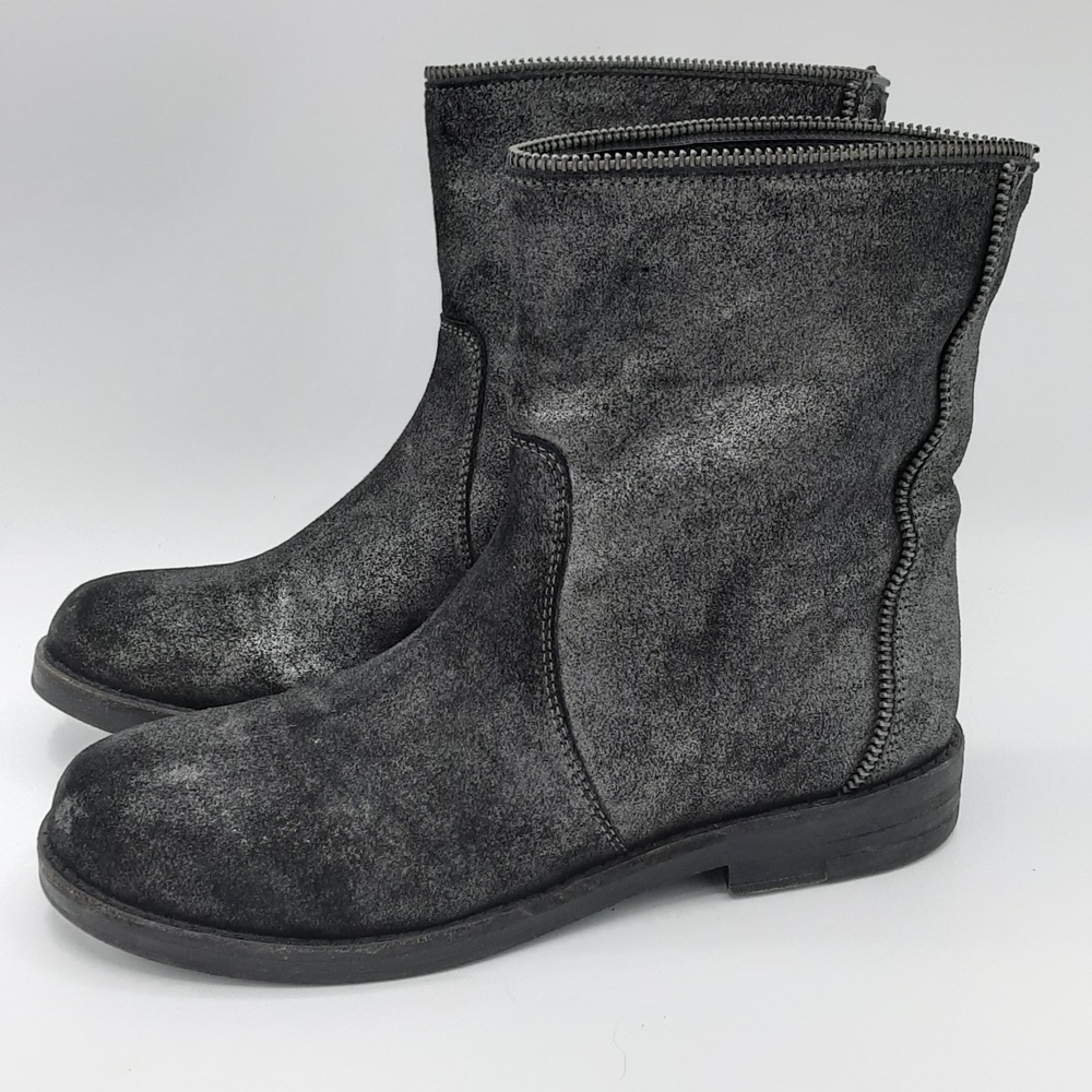 Eileen Fisher Black/Gray Metallic Distressed Suede Mid-Calf Boots